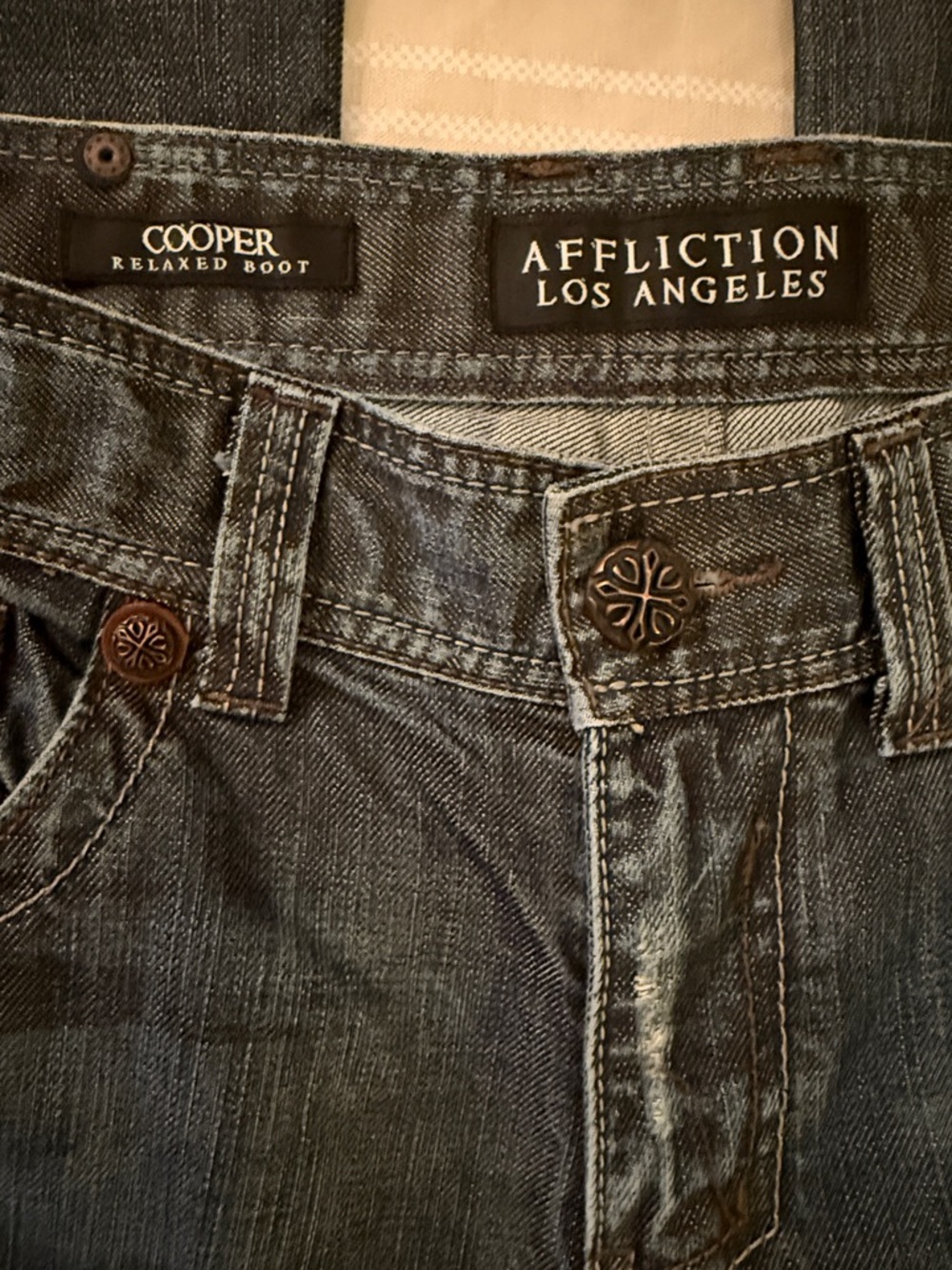 Affliction Distressed Blue Jeans with Embroidered Cross Back Pockets - Picture 4 of 9